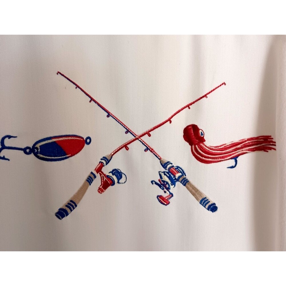 Hook & Tackle Fishing Front and Back Embroidered Short Sleeve Shirt XL Off White